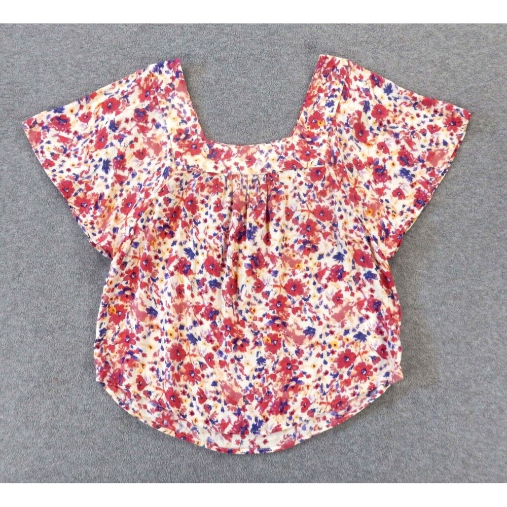 Lucky Brand Womens Shirt XS White Pink Flower Pattern Floral Print Square Neck